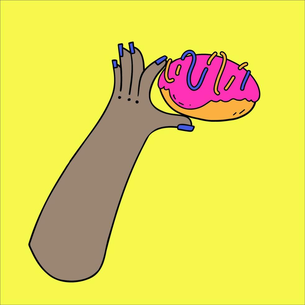 Hand holding donut. Bright cute donut with icing. Vector set for national donut day.