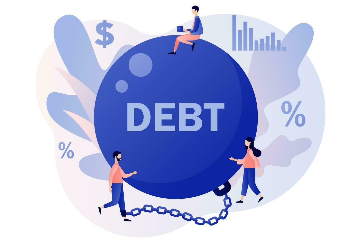 Money debts concept. Tiny man chained by huge weight debt metal ball have financial problems. Banking, bankruptcy, finance. Modern flat cartoon style. Vector illustration on white background