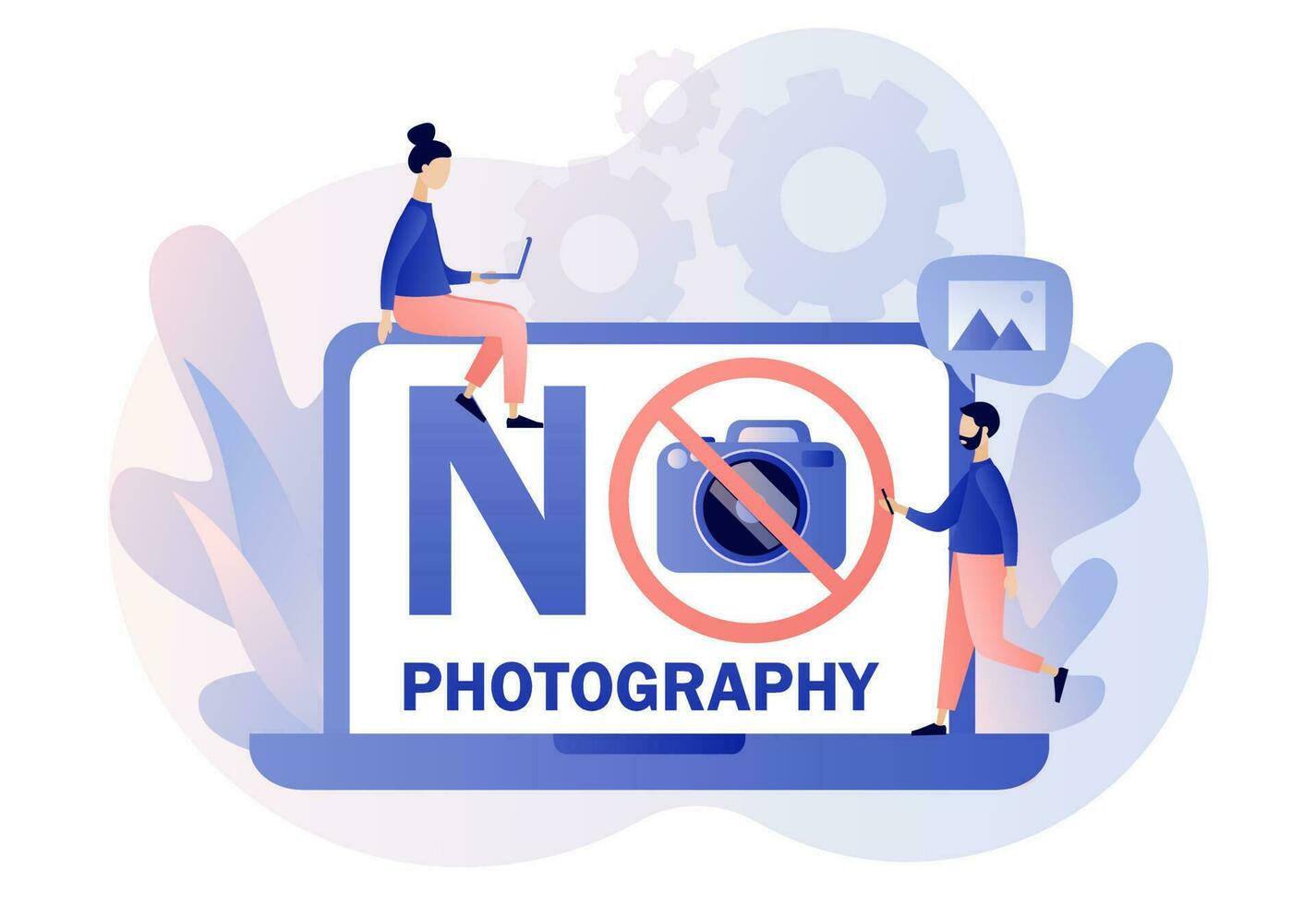 No photography icon. Red sign No camera on laptop screen. No pictures. Modern flat cartoon style. Vector illustration on white background