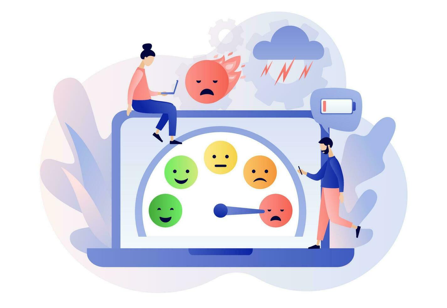 Emotional burnout. Low energy, tiredness, depression, stress level, mood scale, battery low on laptop screen. Overwork business people. Modern flat cartoon style. Vector illustration