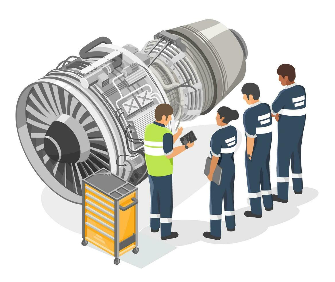 Aircraft engineer training school with jet engine technicians checking service maintenance airplane turbine isometric isolated vector