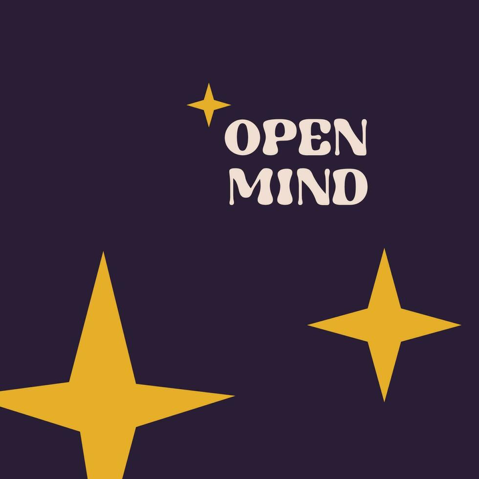 motivacional tarjeta diseño con texto abierto mente y estrellas en maravilloso estilo en oscuro azul antecedentes vector