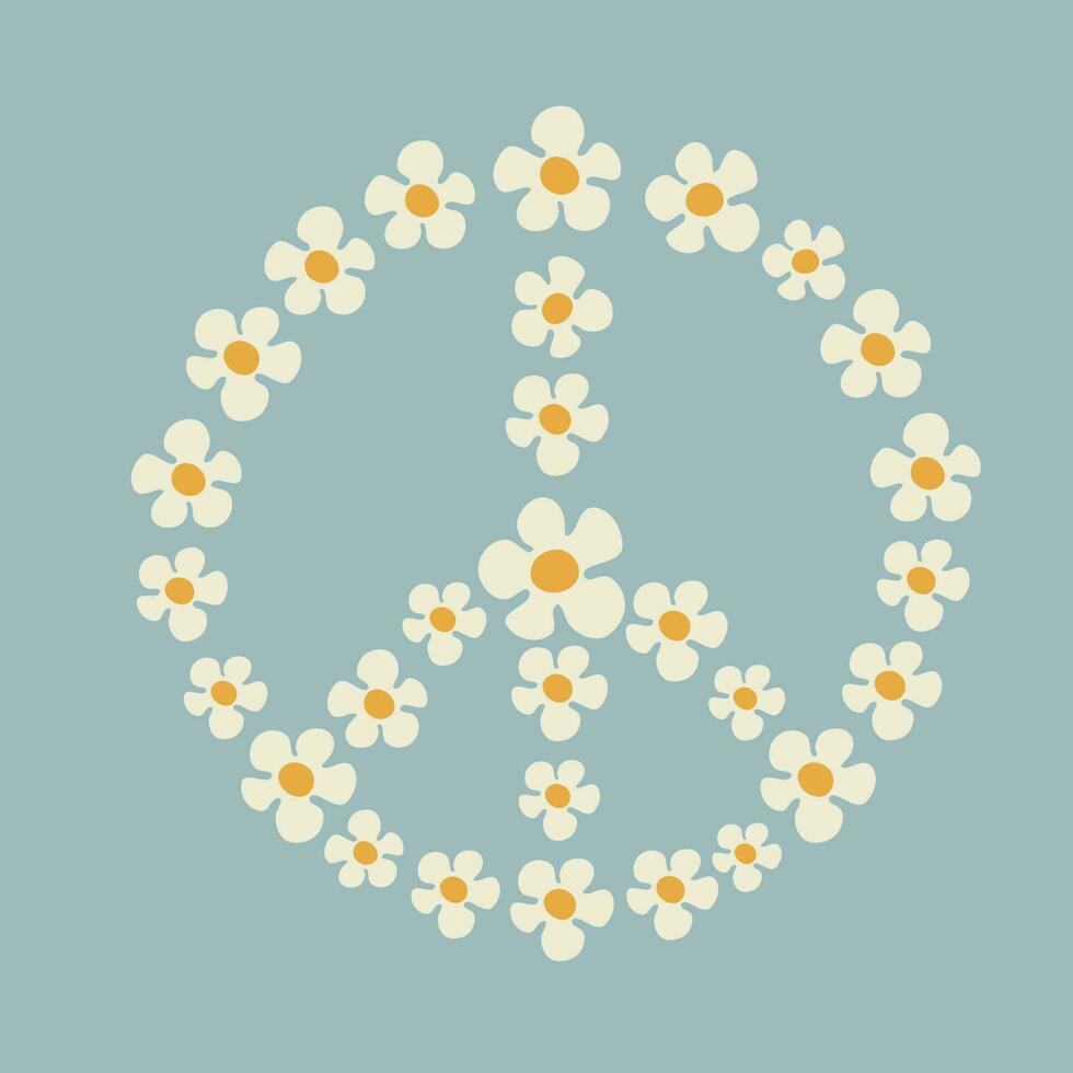 Illustration of a peace symbol made of chamomile flowers in Groovy style on bllue color background vector