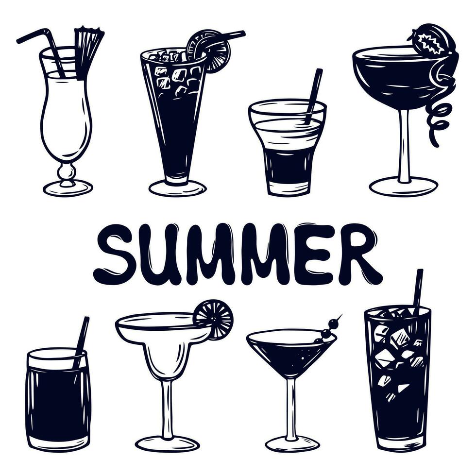 Graphic Doodle Set of Different Summer Cocktails. Summer Drinks Vector Illustration Set. Various Beverages Silhouette in Glass