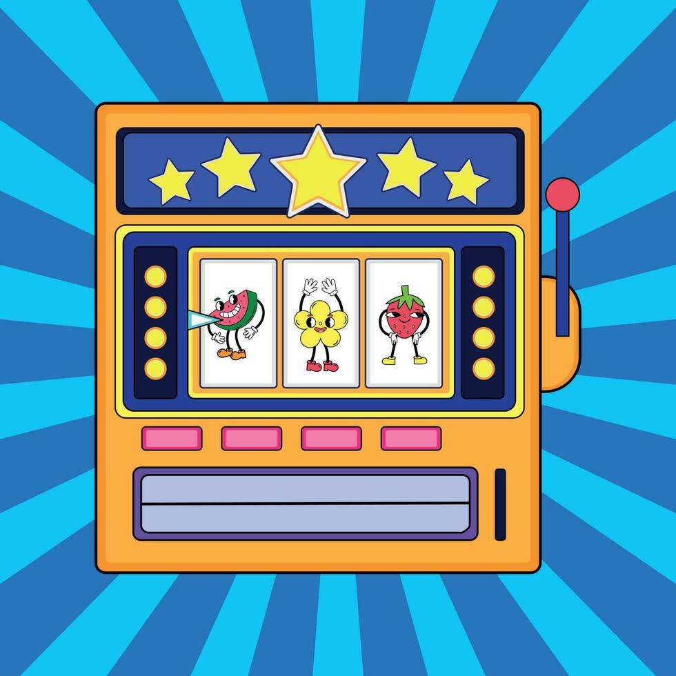 Cartoon Retrowave Slot Machine with Funny Cute Characters. Retro Casino Illustration. Cartoon Watermelon, Daisy Flower and Strawberry vector