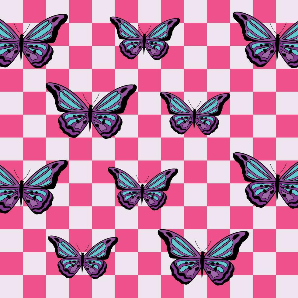 y2k rosado glamour mariposas antecedentes. antecedentes en de moda emo godo 2000 estilo. años 90, 00s estético fondo de pantalla con mariposa vector