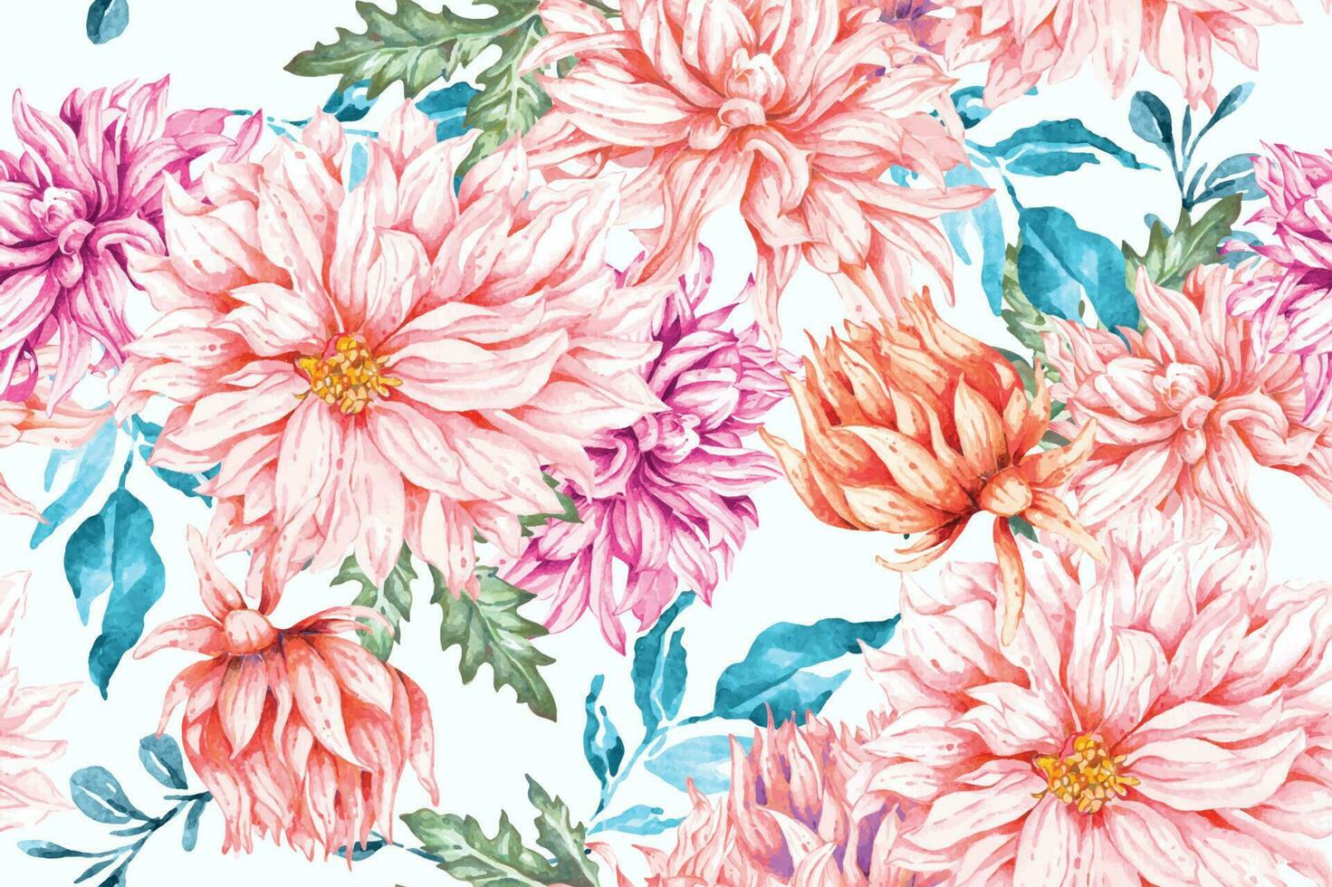 Seamless pattern of chrysanthemum and Blooming flowers with watercolor for fabric luxurious and wallpaper, vintage style.Floral pattern illustration.Botany background. vector