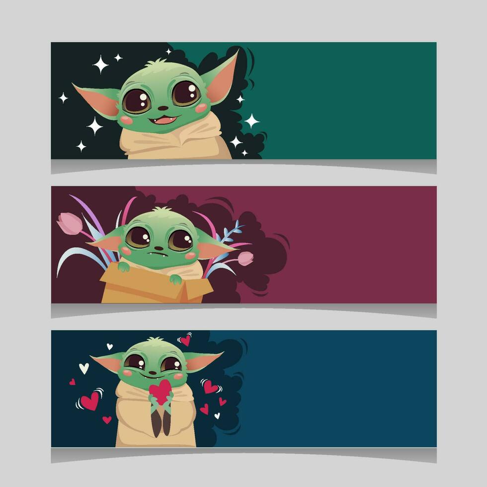 Cute Green Alien Horizontal Banner Set vector