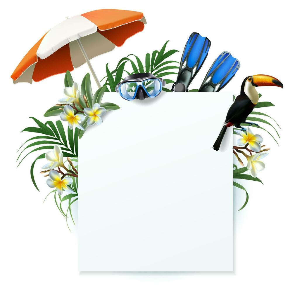3d realistic vector banner illustration with square blank copy space. Tropical plants with umbrella, diving mask and tucan bird.