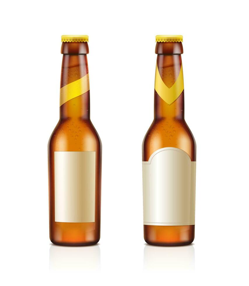 3d realista vector icono. conjunto de marrón transparente cerveza botellas con blanco etiqueta. aislado en blanco antecedentes.