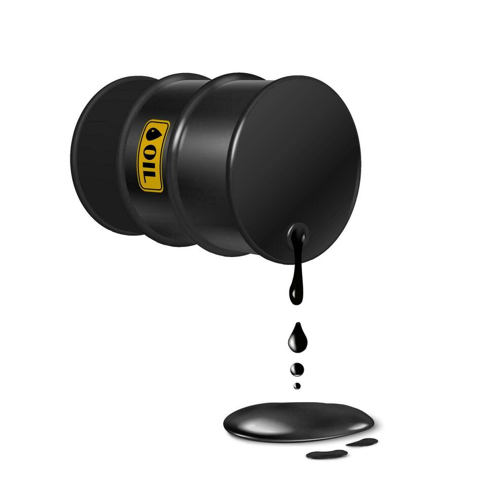 3d realistic vector icon illustartion. Oil barrel dripping black liquid on the surface.
