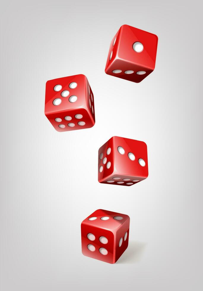 3d realistic vector icon illustration. Red poker dice cubes falling.