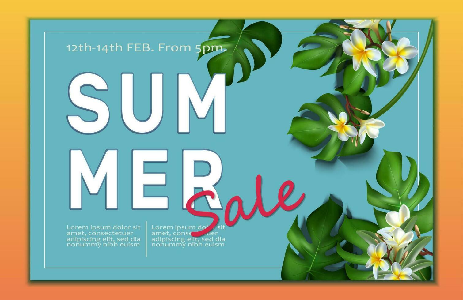 Vector big summer sale banner template with tropical leaves frame and frangipani flowers.