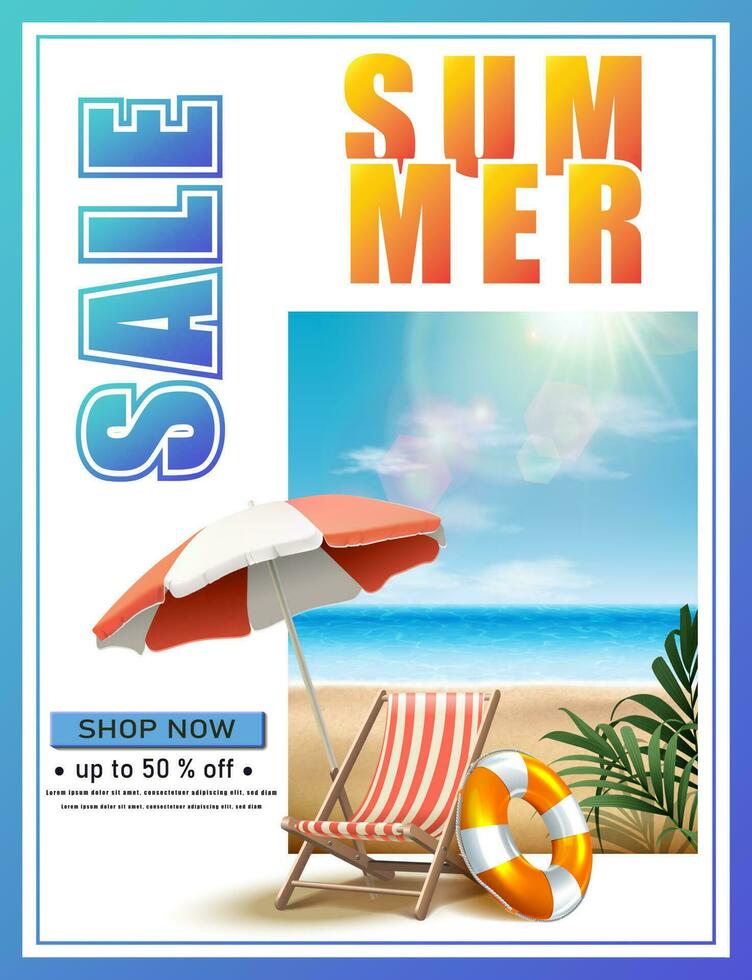 Vector summer sale background with sunbed and umbrella on the beach.