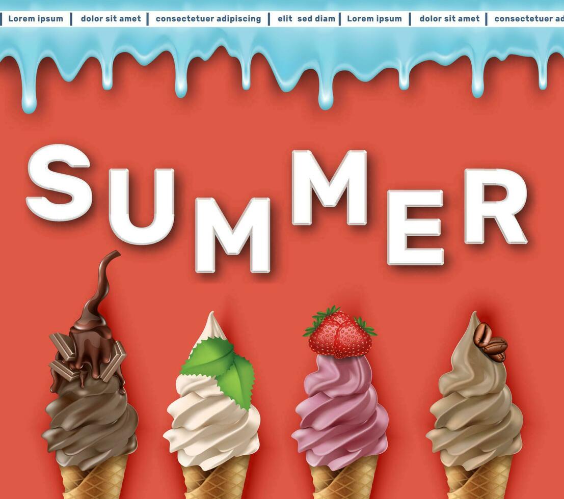 Vector summer sale banner template. Red background with ice cream.