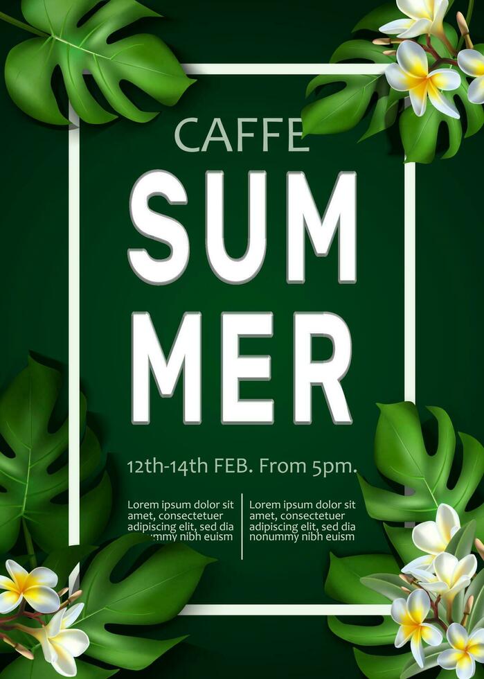 Vector big summer sale banner template with tropical leaves frame.