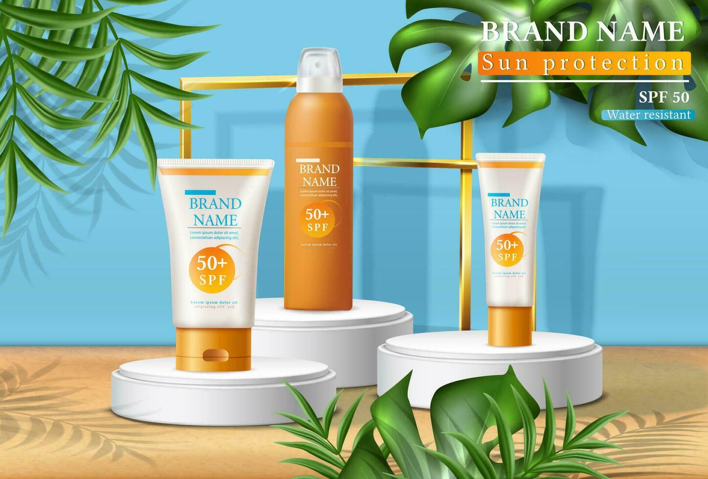 Vector summer sunscreen protection banner with sunscreen bottles on the stands with tropical leaves.