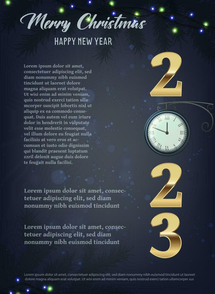 Happy New Year 2023. Merry Christmas. Template for greeting card, banner, flyer. Gold 2023 with watch to countdown on the dark background. vector
