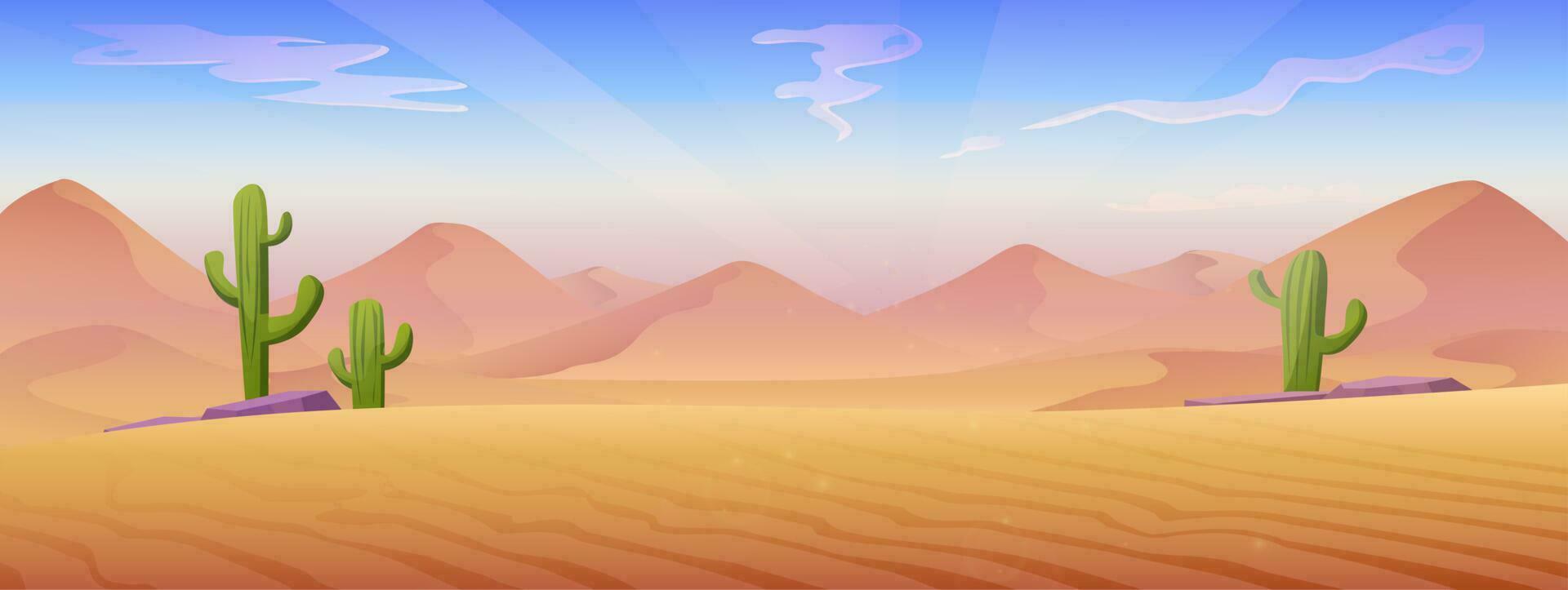 Vector cartoon style illustration. Desert landscape with sand dunes and stones with cactuses.