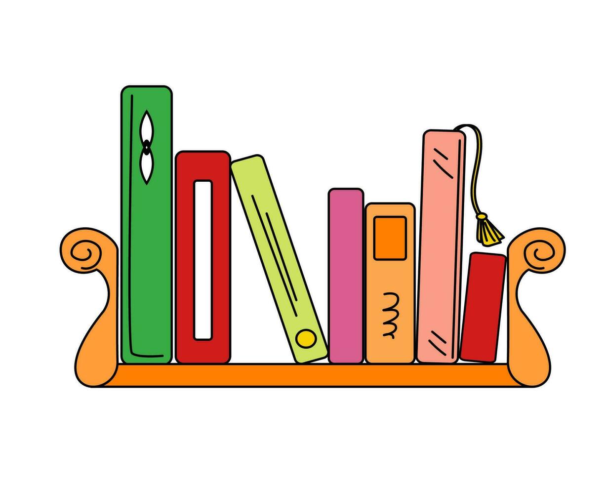 Neat bookshelf with various colorful books doodle vector