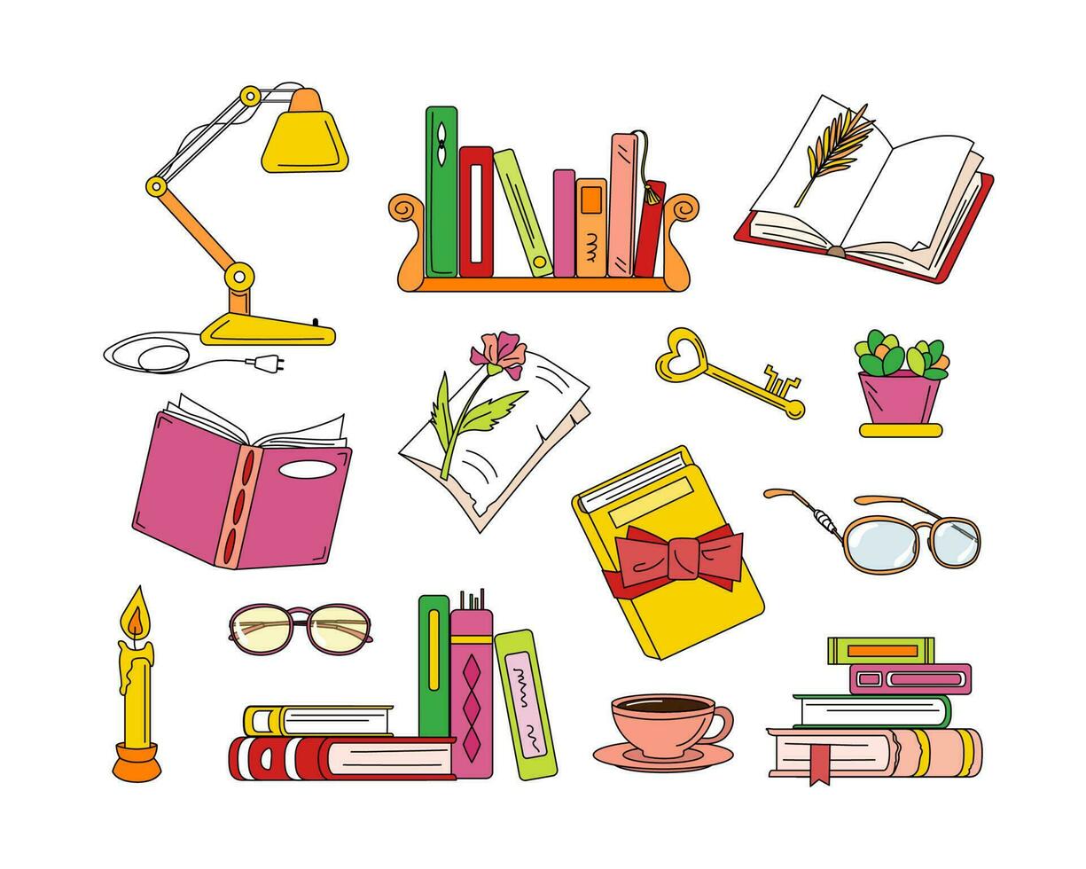 Set of books and other objects related to reading vector