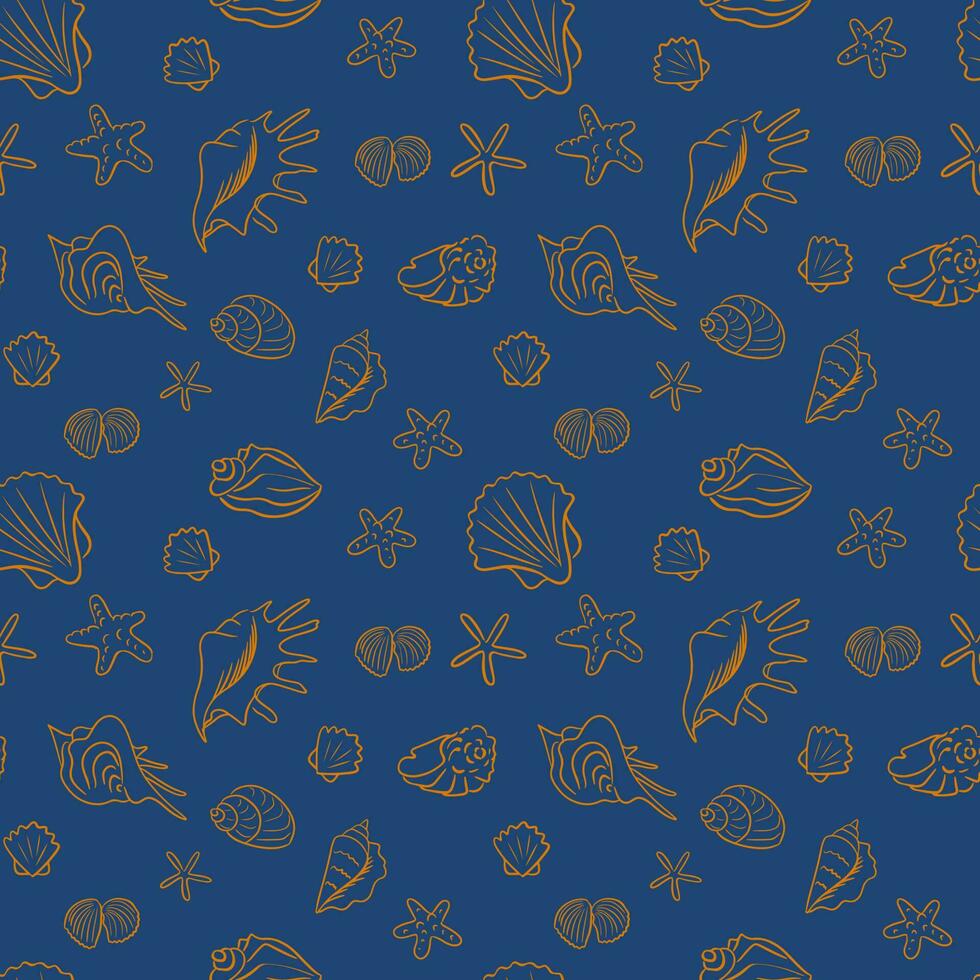 Vector isolated outline seamless pattern with seashells and sea star. Unique hand drawn shells in sketch style on blue background. Suitable for wallpaper, wrapping, background, decor, kids textile