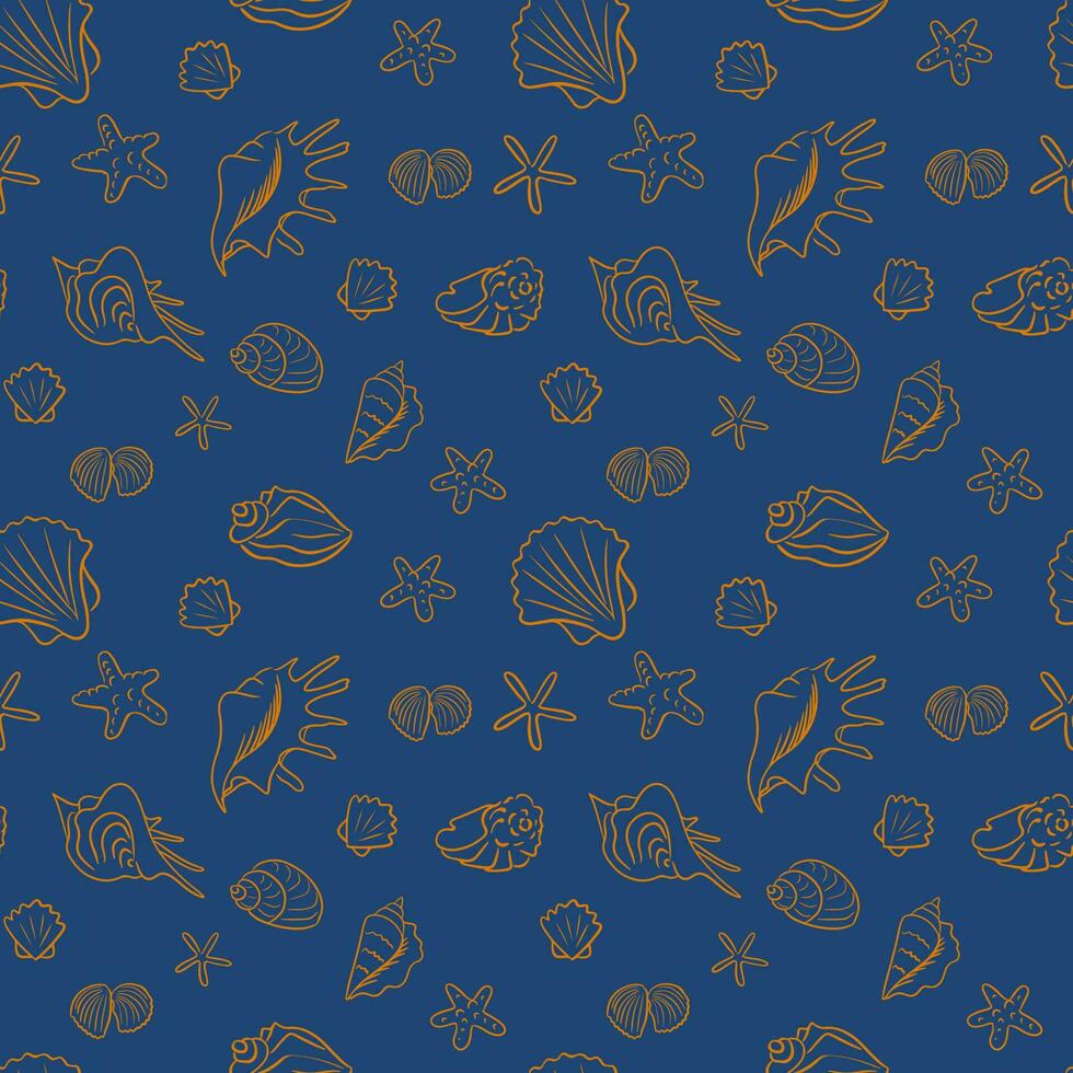 Vector isolated outline seamless pattern with seashells and sea star. Unique hand drawn shells in sketch style on blue background. Suitable for wallpaper, wrapping, background, decor, kids textile