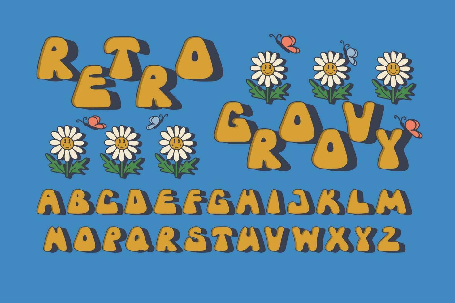 Vector retro groovy 3d alphabet. Stylized isolated letters with 3d flat effect with daisies and butterflies. Perfect for nostalgia lettering design, typographic illustration