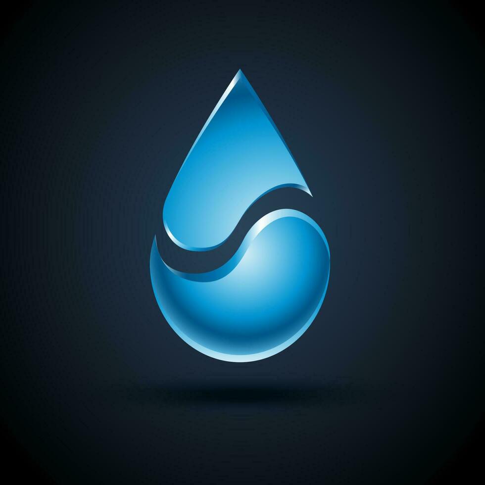 Vector abstract blue water drop logo design with shadow on dark background.