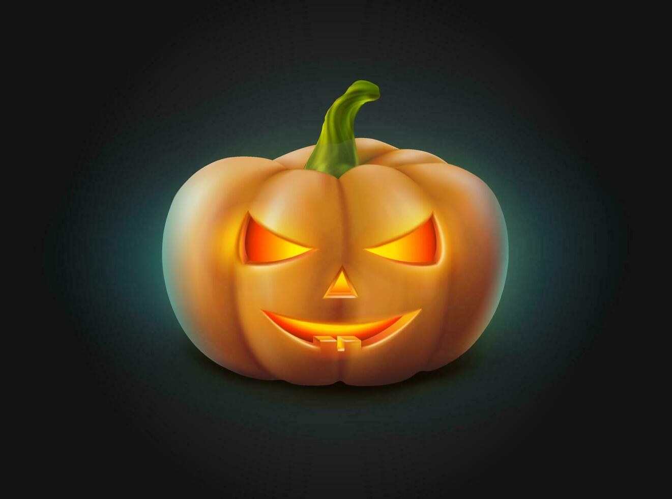 3d realistic vector Halloween pumpkin with glowing face in the dark.
