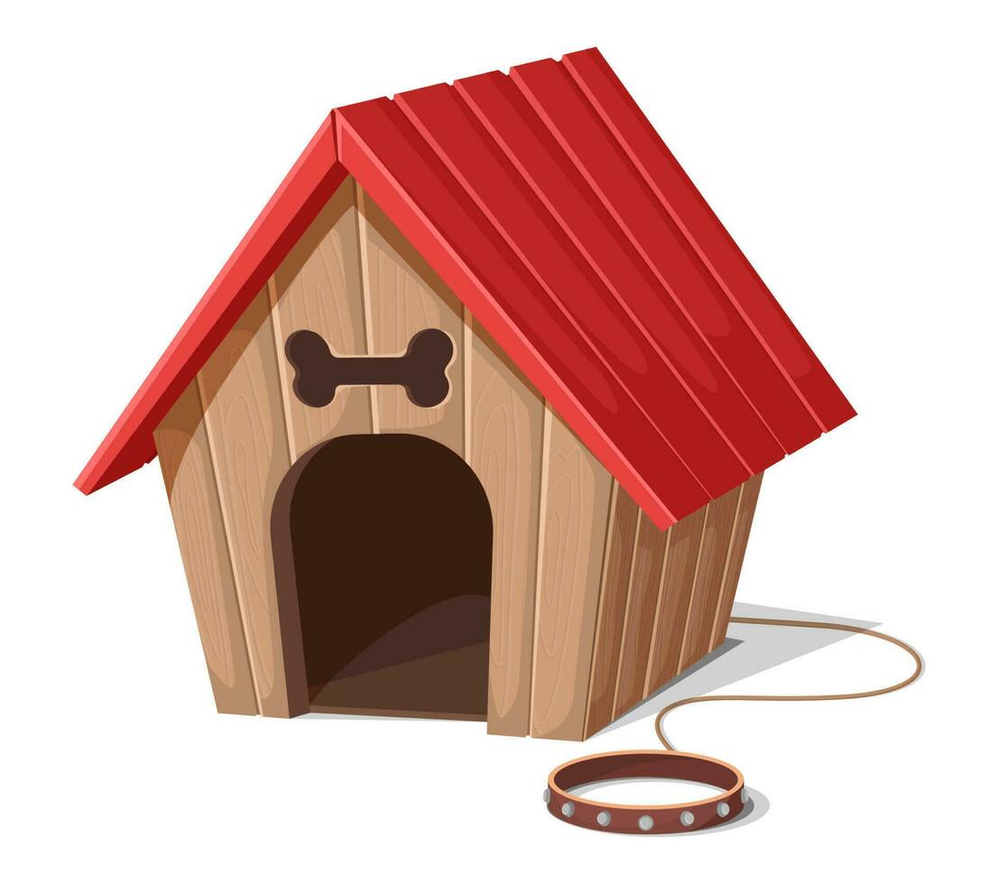 Vector cartoon style dog house with rope and red collar. Isolated on white background.