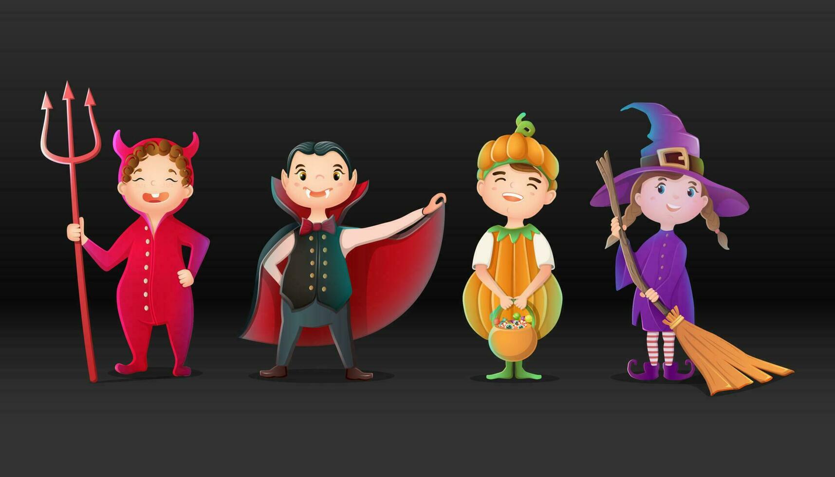 Vector collection of cartoon Halloween characters, devil, witch, pumpkin and Dracula.