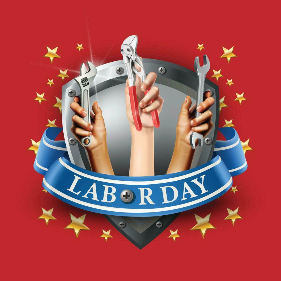 3d realistic vector illustration Labor day banner template. Element design emblem on red background with stars.Hands holding instruments like screw or wrench.