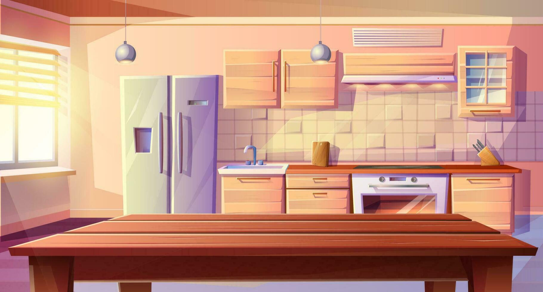 moderno vector dibujos animados estilo ilustración de cocina habitación comida mesa, con refrigerador, horno con un estufa y quemador, hundir, armarios y extractor capucha con cocina accesorios.