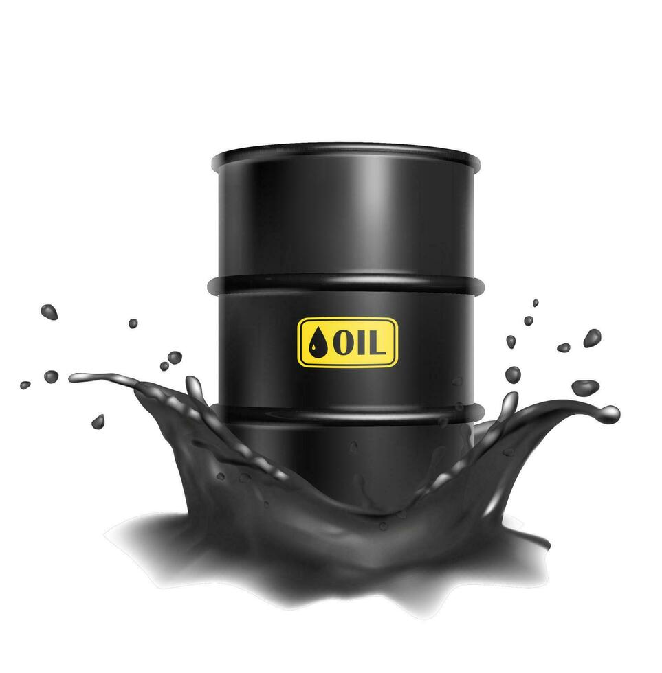 3d realistic vector icon illustartion. Hazard barrel in black oil splash. Isolated on white background.