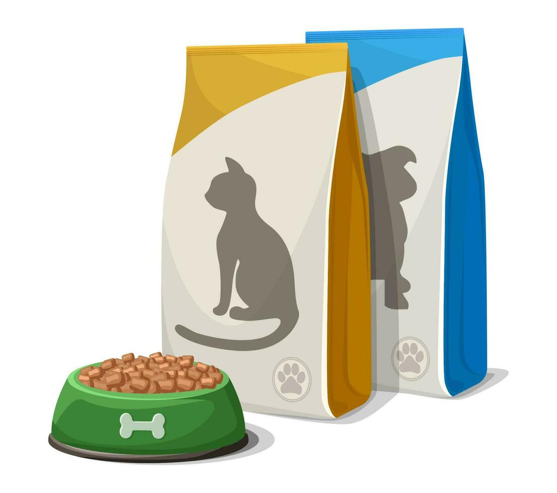 Vector cartoon style dog or cat food bowl and food packs. Isolated on white background.