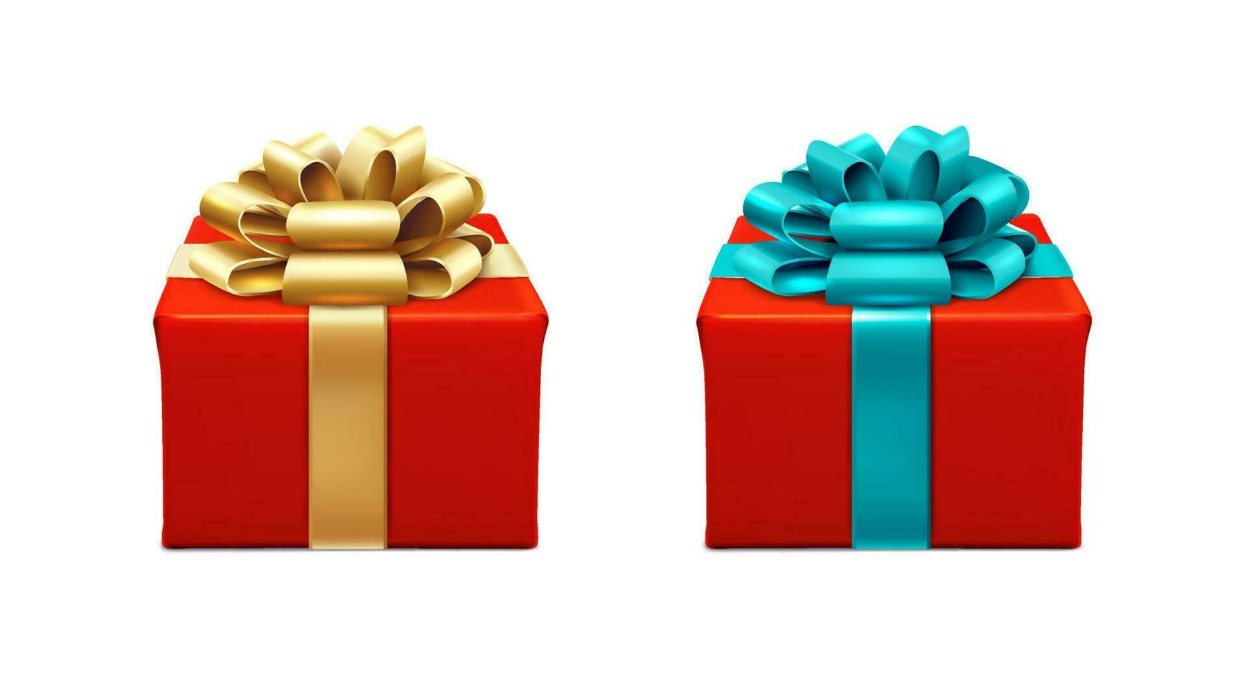 3d realistic vector set of icons. Celebration present boxes in red, white and blue color with golden ribbon and bows.