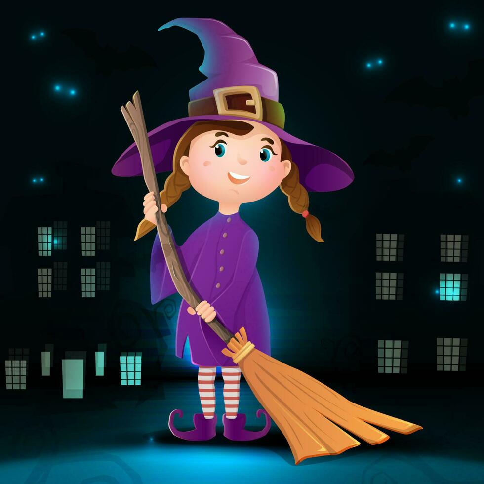 Vector collection of cartoon Halloween character witch with dark city background, bats and glow in the darkness.