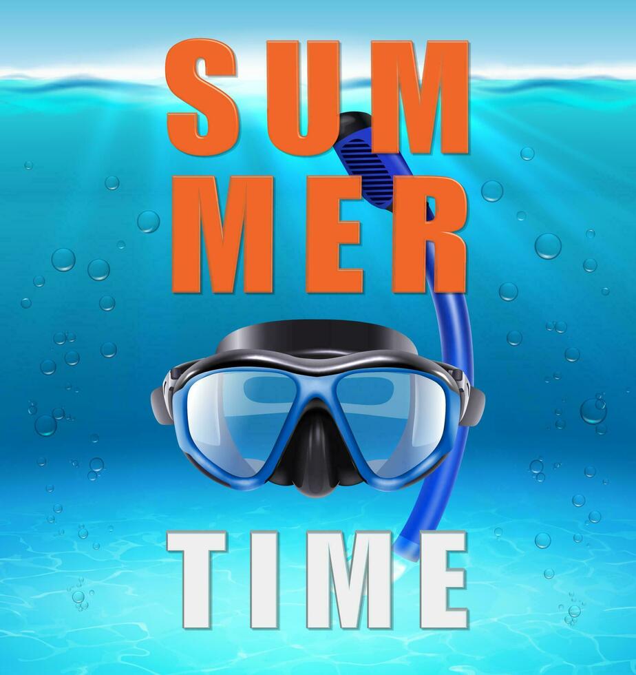 Summer background with big typography letters, 3d realistic vector ocean, under water background with sunlight and rays and mask for diving.