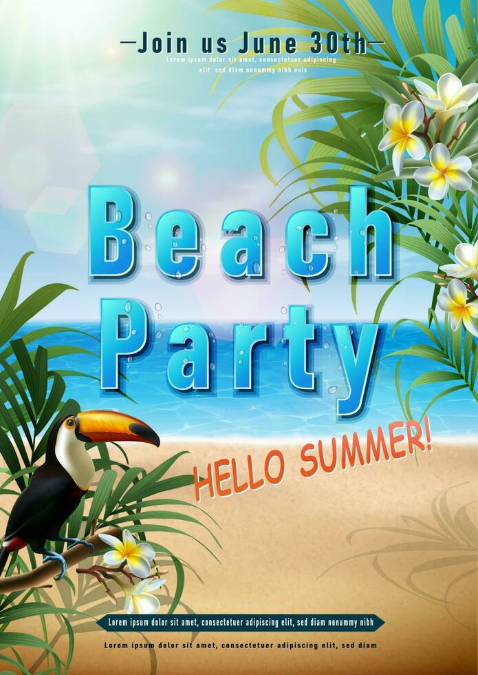 Vector summer party banner template with exotic flowers and tukan bird. Vertical orientation.