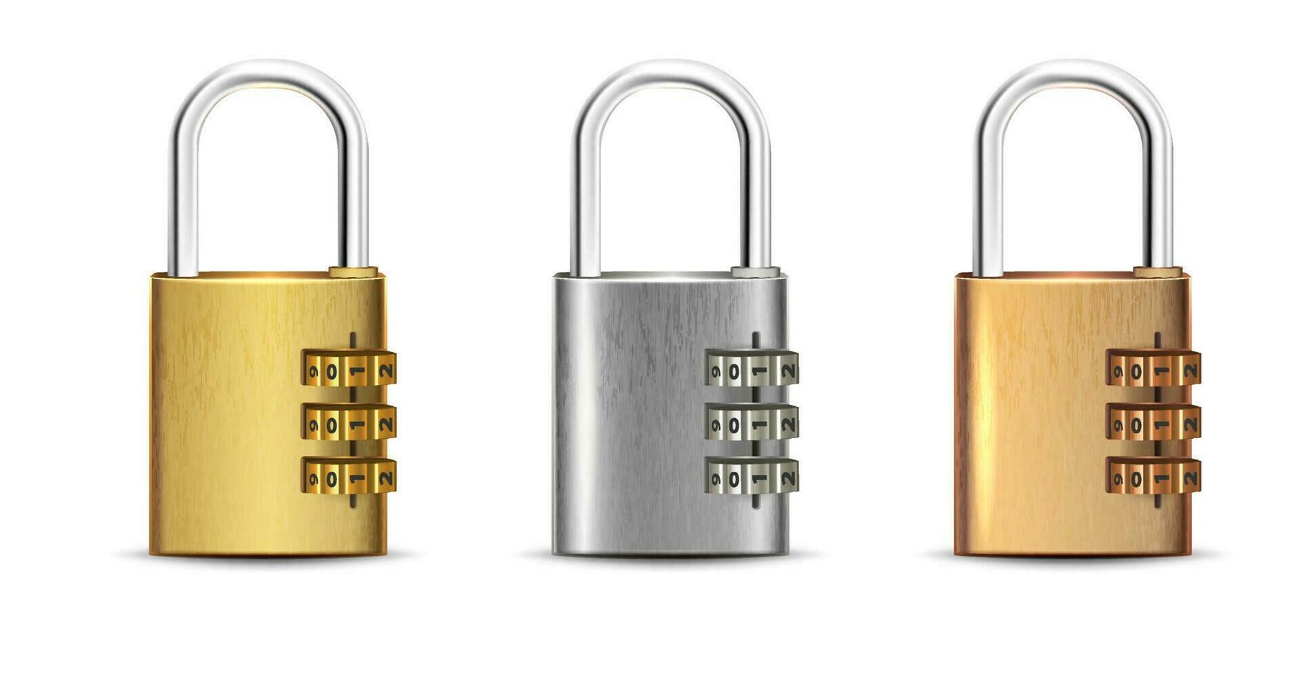 3d realistic vector set of square golden, silver, bronze padlock open and closed.