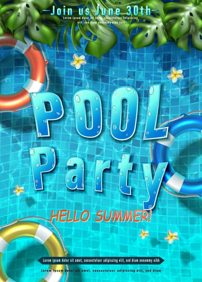 Vector summer party banner template. Pool party with inflatable rings in the water.