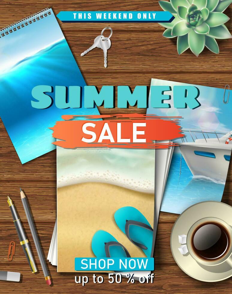 Vector summer background with wooden table and pictures of the ocean and sand beach on it. Summer sale.