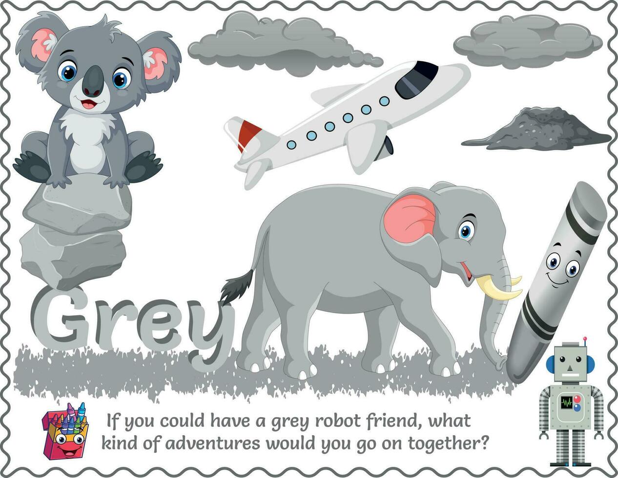 A Grey Poster includes the written color name and various objects that are that color. Ideal in the classroom and a great addition as a word wall. With logic, critical questions for smart kids vector