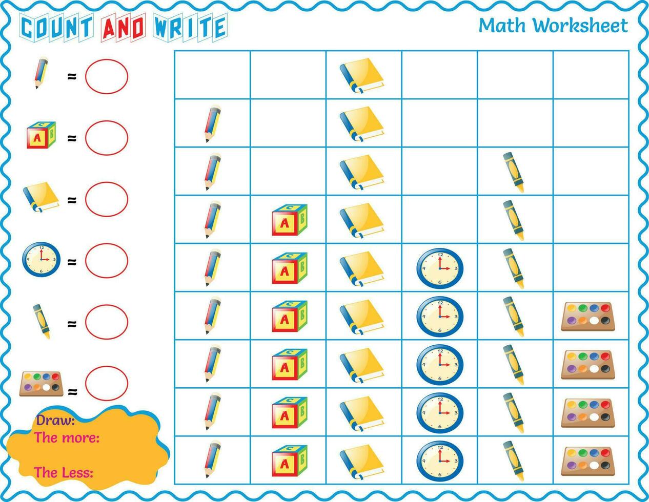 Mathematical Worksheet Count and Write for Kids, numbers 1 to 9, learning math for children vector