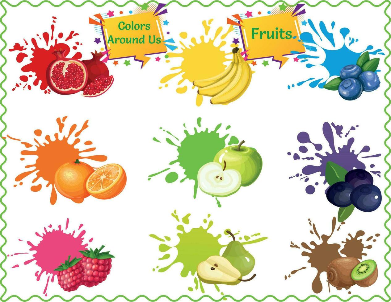 niños' frutas póster, comer en color, inspirado en el arcoiris nutrición póster, aprender frutas póster para niños, pared gráfico educativo niños vector