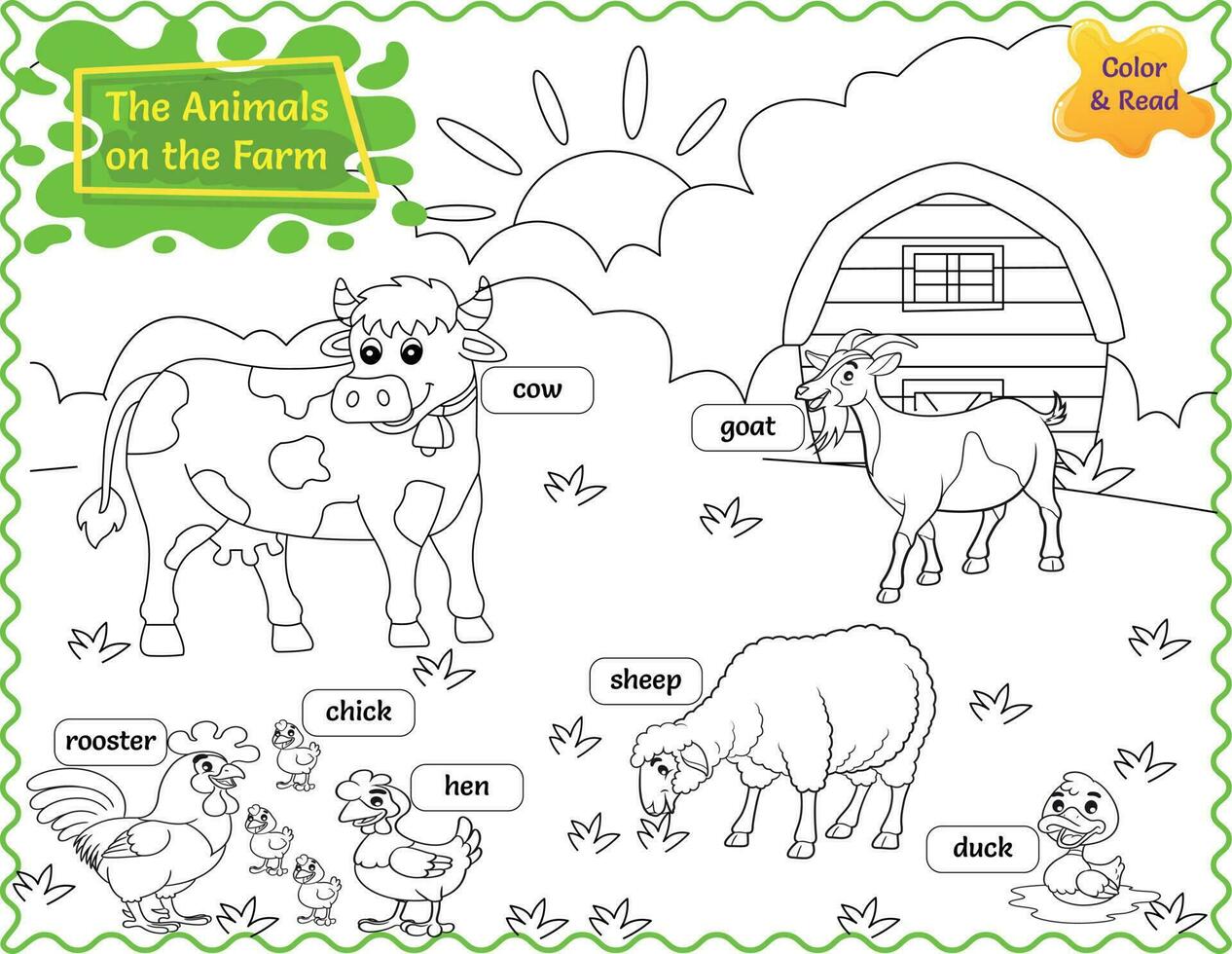 el animales en el granja educativo imprimible hoja de cálculo para niños color el animales y leer vector