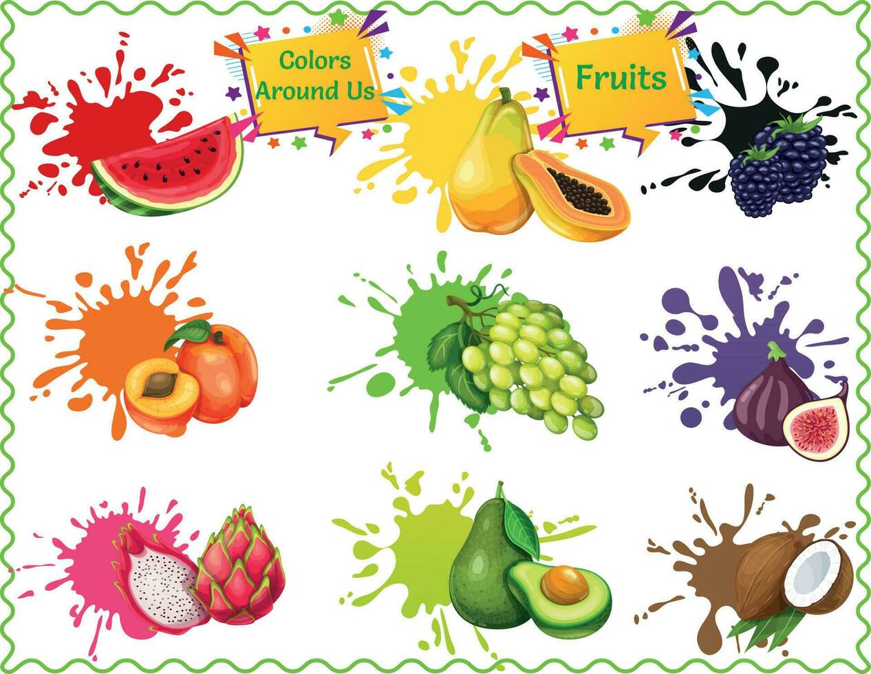 niños' frutas póster, comer en color, inspirado en el arcoiris nutrición póster, aprender frutas póster para niños, pared gráfico educativo niños vector