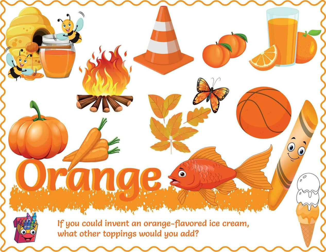 An Orange Poster includes the written color name and various objects that are that color. Ideal in the classroom and a great addition as a word wall. With logic, critical questions for smart kids. vector
