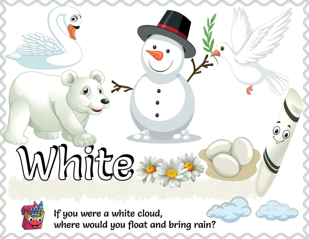 A White Poster includes the written color name and various objects that are that color. Ideal in the classroom and a great addition as a word wall. With logic, critical questions for smart kids. vector